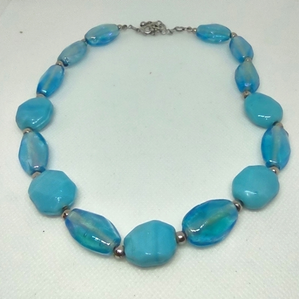 👍5 for $20 Blue Glossy Glass & Silver Tone Beaded Necklace